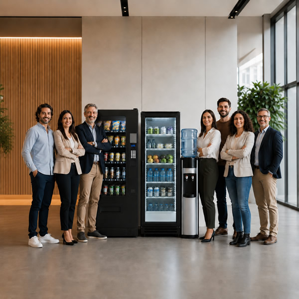 Reunión de operadores de vending junto a una maquina de vending en cataluña
